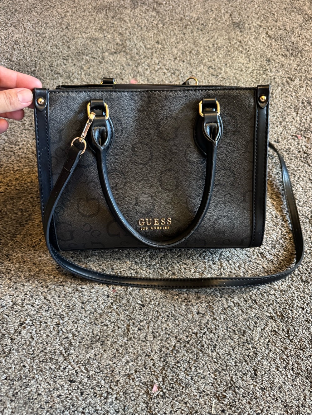GUESS Black Logo Print Satchel with Gold Hardware